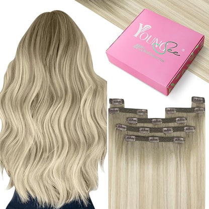 YoungSee 150g Clip in Human Hair Extensions - Ash Blonde Ombre Sunkissed Straight Real Hair for Women - 7pcs 24inch