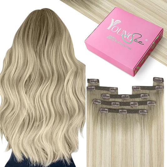 YoungSee 150g Clip in Human Hair Extensions - Ash Blonde Ombre Sunkissed Straight Real Hair for Women - 7pcs 24inch