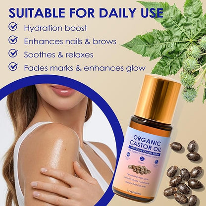 Organic Castor Oil with Rose Quartz Roller, 100% Pure Cold-Pressed & Unrefined - For Hair Growth, Eyelashes, Eyebrows & Skin (1)