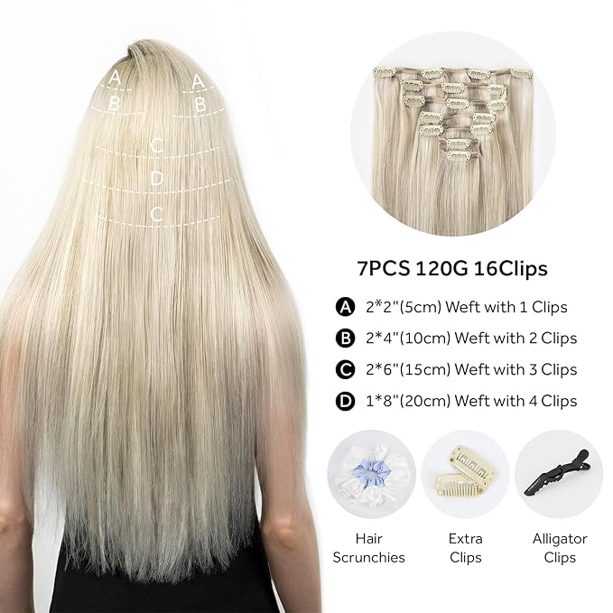 Clip in Hair Extensions Real Human Hair, Remy Hair Extensions Clip In Human Hair Thick and Silky, Ash Blonde Highlighted Platinum Blonde #P17A/60A 18Inch 120G 7PCS