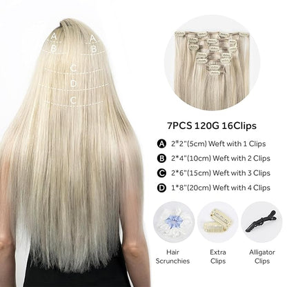 Clip in Hair Extensions Real Human Hair, Remy Hair Extensions Clip In Human Hair Thick and Silky, Ash Blonde Highlighted Platinum Blonde #P17A/60A 18Inch 120G 7PCS