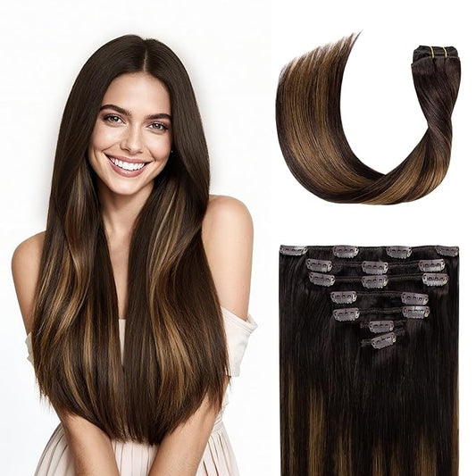 Clip in Hair Extensions Real Human Hair, Silky Remy Hair Extensions Clip Ins, Salon Quality Straight Human Hair for Women, Dark Brown to Chestnut Brown #2TP6/2 20Inch 120G 7PCS