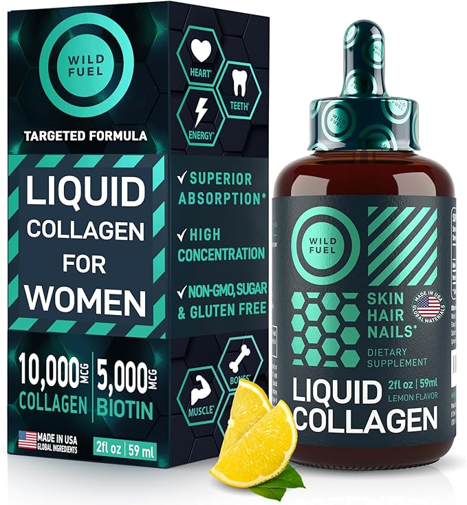 WILD FUEL Liquid Collagen Peptides with Biotin Vitamins for Hair Skin and Nails - 10,000mcg Liquid Collagen for Women and Men 5,000mcg Biotin - Lemon Flavor, up to 2-Month - 2 oz