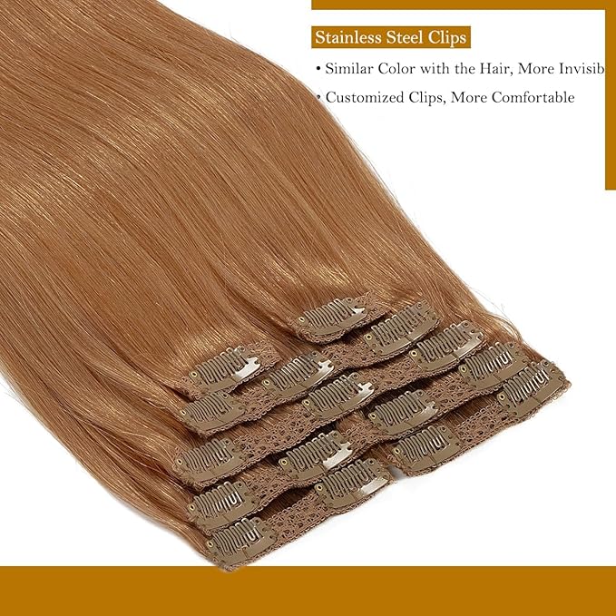 Loxxy Real Hair Extensions Clip in Human Hair Auturn Blonde Hair Clip in Extensions Double Weft Brazilian Remy Human Hair Clip ins #30 Blonde Clip in Extensions 14 Inch 7pcs 120g 16 Clips