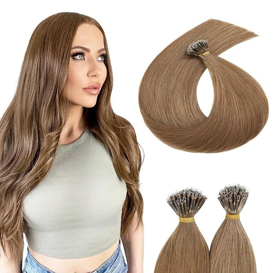 Nano Bond Human Hair Extensions - Nano Ring & Tip Hair Extensions - Silky Straight Natural 50g/50 Stands 24" Light Brown