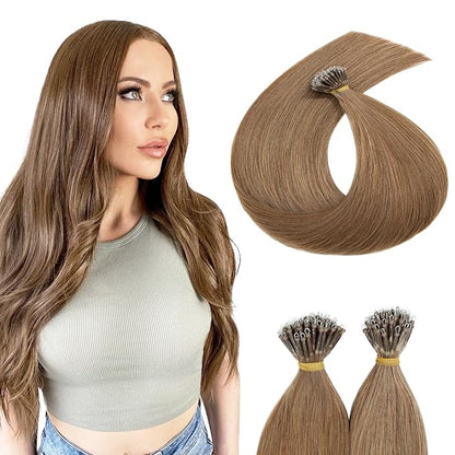 Nano Bead Human Hair Extensions nano rings hair extensions Nano-bond Hair Extensions Nano Tip Extensions Silky Straight Natural 50g/50 Stands 16" Light Brown
