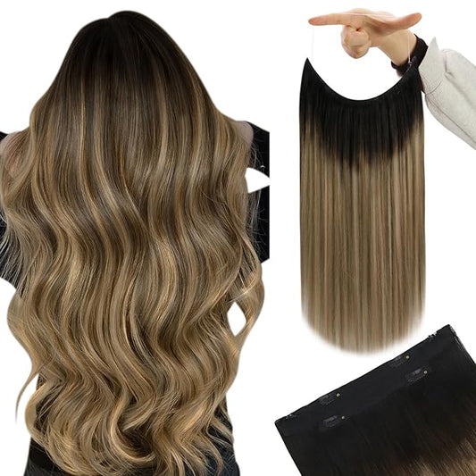 YoungSee Wire Hair Extensions Real Human Hair Balayage Wire Extension with Adjustable Clips Dark Brown Roots Blending into Medium Brown with Warm Blonde Highlights Remy Human Hair Extensions 18In 80G
