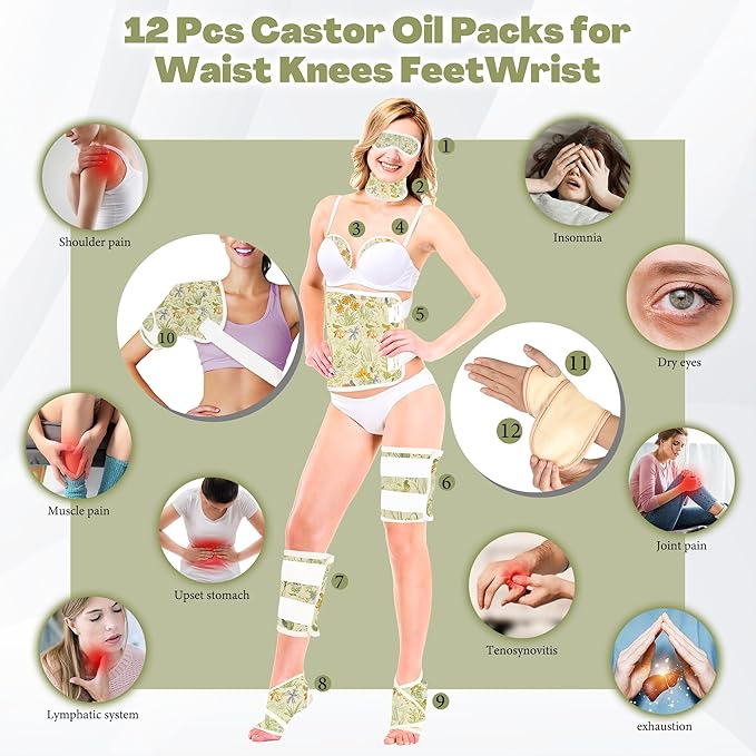 12 Pcs Castor Oil Pack Wrap, Reusable Castor Oil Pack Kit Organic Cotton for Shoulder Hands Neck Waist Chest Knees and Feet, Adjustable Compress Pads for Entire Body, Machine Washable(Green)