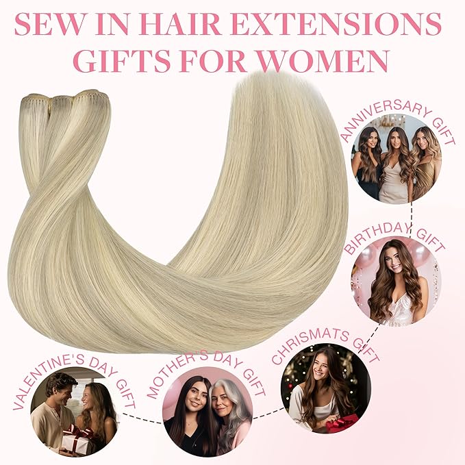 GOO GOO Sew in Hair Extensions Real Human Hair, Weft Hair Extensions Human Hair, 17A/60A Ash Blonde Highlighted Platinum Blonde 16inch 100g, Weft Bundles Straight Silky Remy Hair