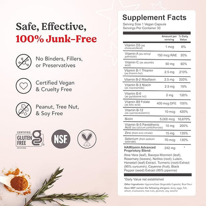 HAIRtamin Advanced Formula Hair Growth Supplement for Women & Men, Supports Stronger, Longer, Visibly Thicker Hair, With 5000 mcg Biotin, Vitamins & Antioxidants, 100% Vegan – 3 Month Supply