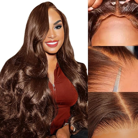 28Inch Chocolate Brown Glueless Wigs Human Hair Pre Plucked Pre Cut 7x5 Wear And Go Glueless Wig Brown Human Hair Wig 200% Density Dark Brown Lace Closure Wigs Human Hair #4 Colored Body Wave Lace Wig