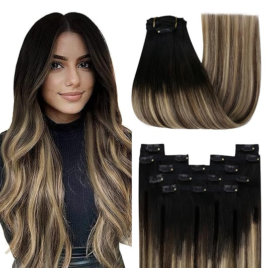 YoungSee 24inch Clip in Human Hair Extensions Ombre Human Hair Clip in Extensions Black to Blonde with Brown Balayage Straigh Extensions Real Human Hair Natural Luster Texture 120G