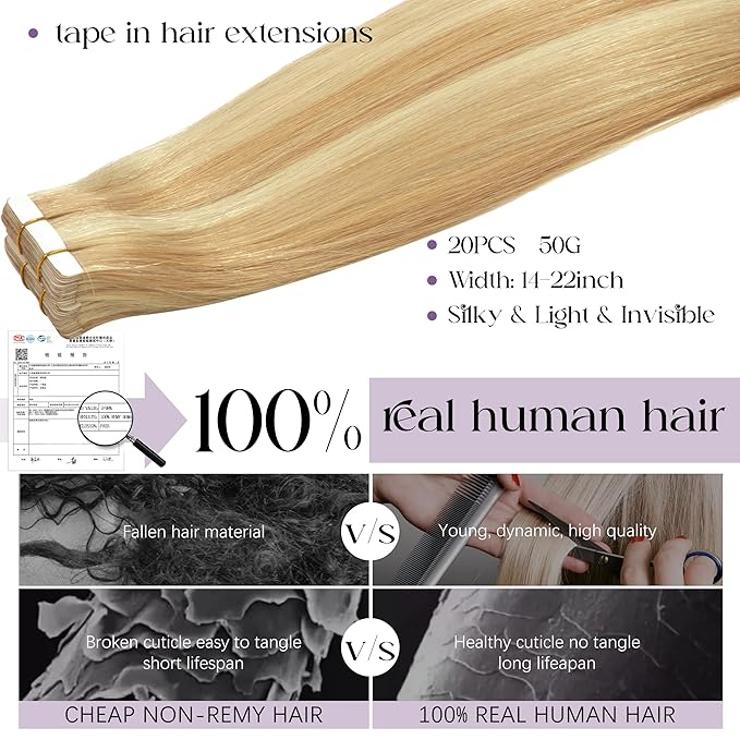 Lacer Tape in Hair Extensions Human Hair 16 Inch Dark Ash Blonde Mixed Platinum Blonde Invisible Tape in Hair Extensions Seamless Silky Straight 20 Pcs 50 Grams