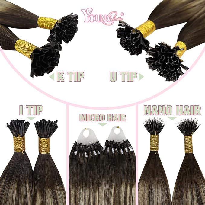 YoungSee Ombre Ktip Hair Extensions Balayage Brown Ombre Blonde K Tip Extensions Ombre 18In 50s/50g Silky Straight