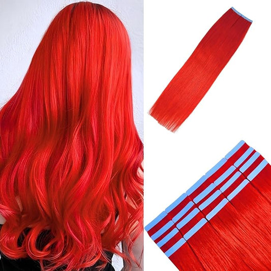 Red Tape in Hair Extensions Human Hair Invisible Long 20 Inch Colored Tape in Soft and Silky Human Hair Extensions 20Pcs 50G for Cosplay