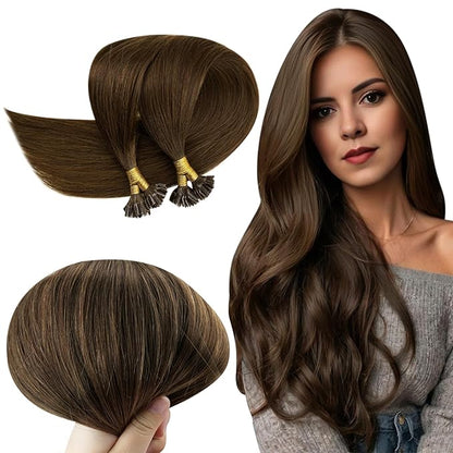 RUNATURE U Tip Human Hair Extensions Brown Straight Pre Bonded Hair Extensions Human Hair U Tip Extensions Soft Keratin Hair Brown Silky 20 Inch 50g 50s