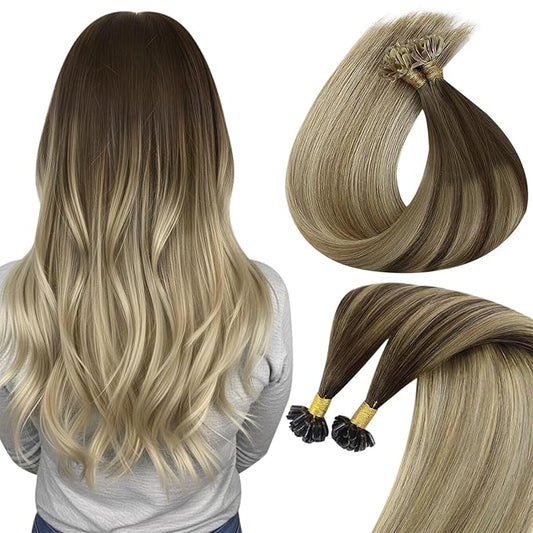 Sunny Hair U Tip Hair Extensions Human Hair Ombre Utip Hair extensions Brown Ombre Golden Brown Mix Blonde K Tip Hair Extensions Real Human Hair Short Remy Hair for Daily Use 14in 50g
