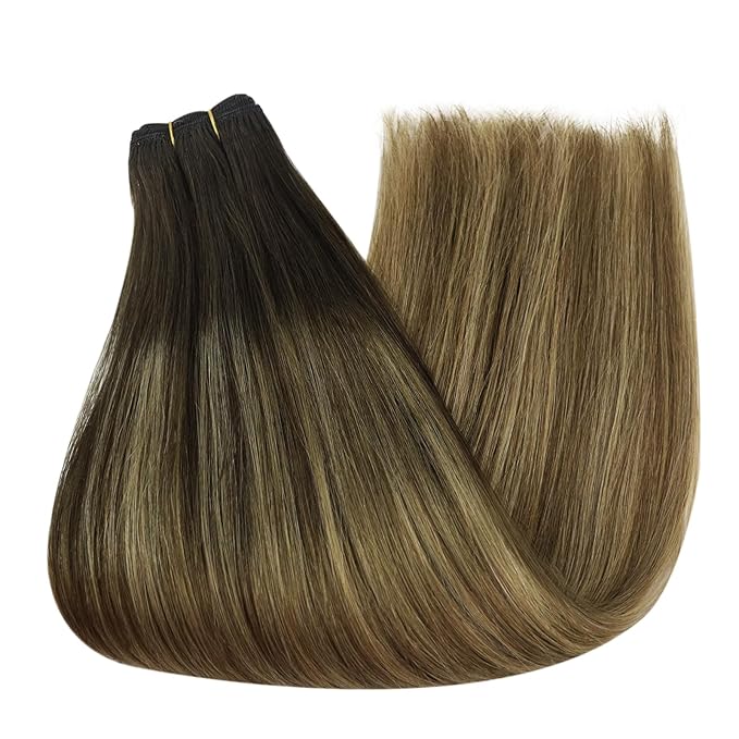 Full Shine Weft Hair Extensions Human Hair Sew In Hair Extensions Remy Hair Color Dark Brown To Ash Brown Mix Blonde Hair Bundles Straight Hair 18 Inch 105G