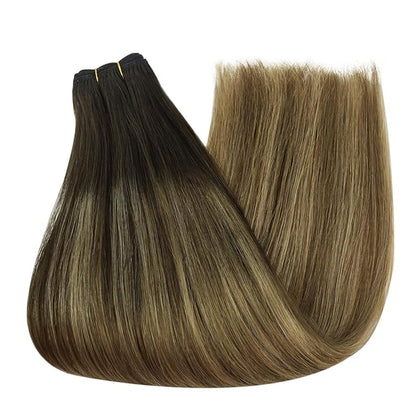 Full Shine Weft Hair Extensions Human Hair Sew In Hair Extensions Remy Hair Color Dark Brown To Ash Brown Mix Blonde Hair Bundles Straight Hair 18 Inch 105G