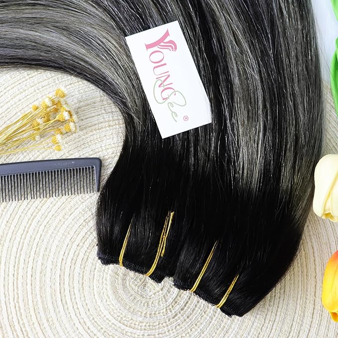 YoungSee Wire Hair Extensions Real Human Hair Ombre Secret Wire Human Hair Extensions Blend of Black and Silver with Black Roots Natural Hair Extensions Human Hair Silky Smooth Hair Extension 14In 80G