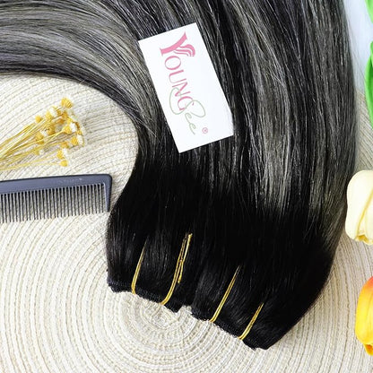 YoungSee Wire Hair Extensions Real Human Hair Ombre Secret Wire Human Hair Extensions Blend of Black and Silver with Black Roots Natural Hair Extensions Human Hair Silky Smooth Hair Extension 14In 80G