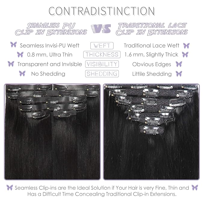 Lacer Hair Glam Seamless Clip in Hair Extensions Natural Off Black Human Hair Extensions 110g 7pcs 20 Inch Clip in Human Hair with Invisible PU Weft Remy Seamless Clip on Hair Extensions for Women #1