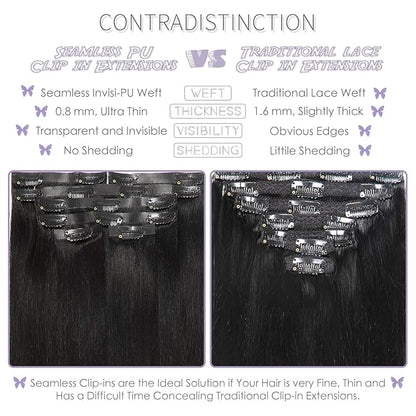 Lacer Hair Glam Seamless Clip in Hair Extensions Natural Off Black Human Hair Extensions 110g 7pcs 20 Inch Clip in Human Hair with Invisible PU Weft Remy Seamless Clip on Hair Extensions for Women #1