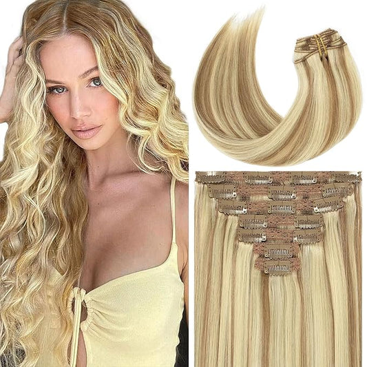 Loxxy 20 Inch Seamless Clip in Hair Extensions Light Brown Highlighted Platinum Blonde Straight Lace Double Weft 100% Remy Hair Extension Clip On Brazilian Human Hair for Women 7pcs 140g Full Head