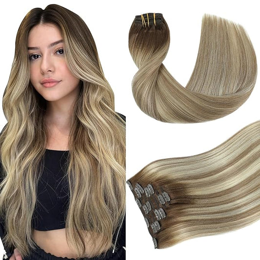 Youngsmile Balayage Clip in Hair Extensions Human Hair, Silky Straight Real Human Hair Clip in Extensions, Balayage Brown to Light Brown Mix Light Blonde, 120 Grams 16 Inch 7Pcs (CLIP#3/8/22-16Inch)
