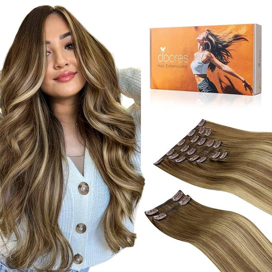 DOORES Human Hair Clip in Extensions, Medium Brown Highlighted Dirty Blonde 24 Inch 150g 9pcs, Real Hair Extensions Clip in Human Hair Extensions Human Hair Natural Thick Silky Straight Hair