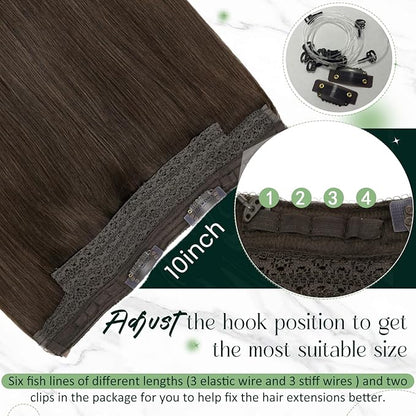 RUNATURE Wire Hair Extensions Real Human Hair, Invisible Fish Line Hair Extensions Straight Brown Hair, Natural Look for Daily Wearing, 20 Inch 100g #2 Dark Brown
