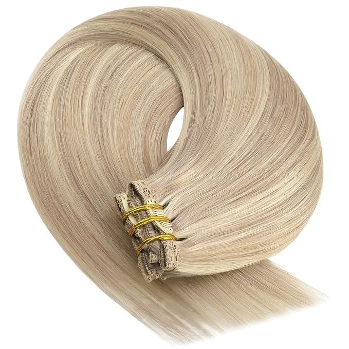 YoungSee Clip in Human Hair Extension Highlight Clip in Hair Extensions Human Hair Warm Ash Blonde Highlights Bleach Blonde Thick Human Hair Extensions 120G 22Inch 7Pcs