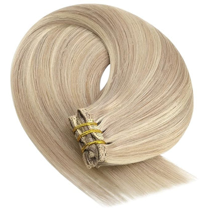 YoungSee Clip in Human Hair Extension Highlight Clip in Hair Extensions Human Hair Warm Ash Blonde Highlights Bleach Blonde Thick Human Hair Extensions 120G 22Inch 7Pcs