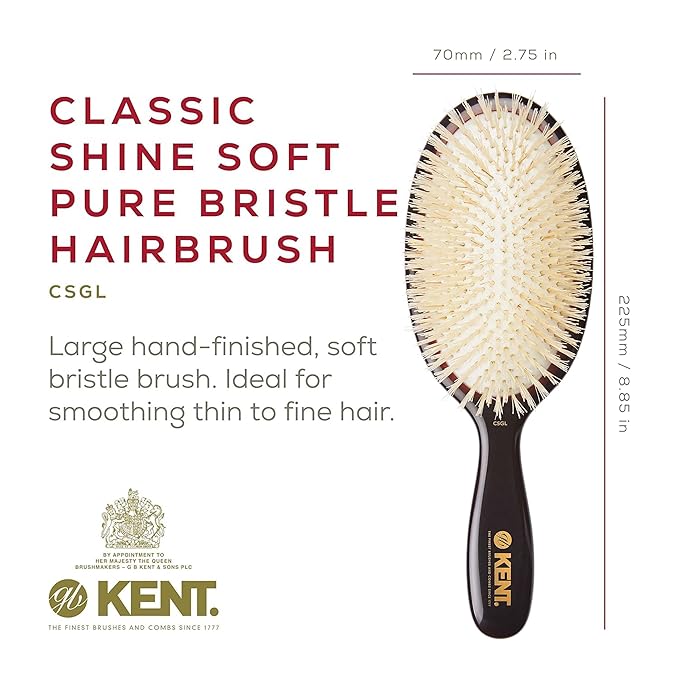 Kent CSGL 9" Large Oval Cushion Straightening Brush and Scalp Brush – Natural White Boar Bristles Hair Brush for Fine or Thinning Hair – Large Cushion Shine & Smoothing (+ Hair Brush Cleaner)