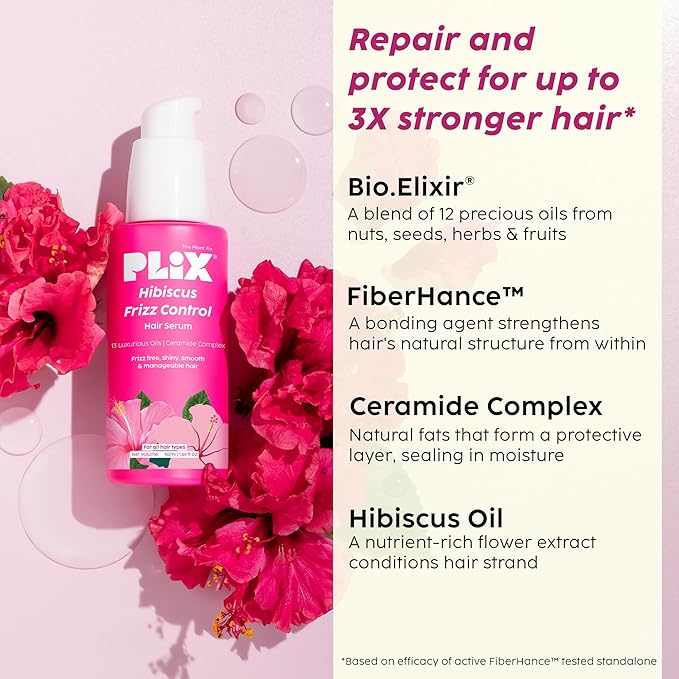 Hibiscus Frizz Control Hair Serum | Protects & Smoothes, Dry, Flyaway & Frizzy Hair, With 13 Nourishing Oils | 3x Strength with Fiberhance | 50ml
