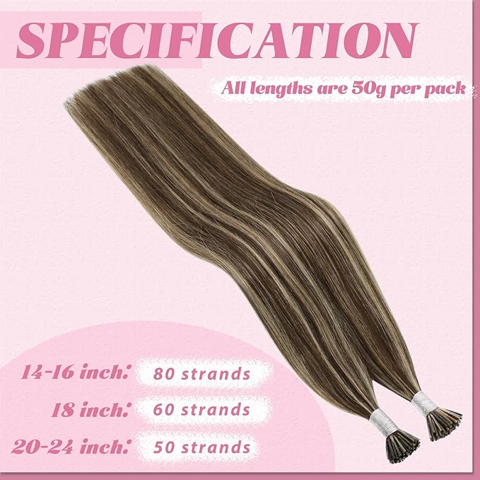 YoungSee Itip Hair Extensions Real Human Hair Brown I Tips Hair Extensions for Women Highlight Dark Brown and Blonde Itip Hair Extension for Long Hair 24In Invisible Keratin Hair Extension 50g 50s