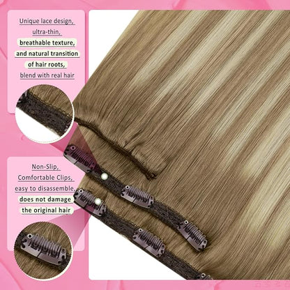 YoungSee Clip in Human Hair Extensions Brown Balayage Clip in Extensions Real Human Hair Light Brown to Blonde with Brown Balayage Soft and Silky Human Hair Extensions Clip ins 120G 18Inch 7Pcs
