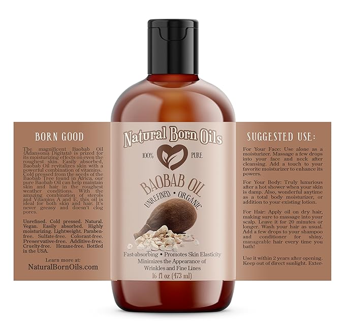 Natural Born Oils Baobab Oil, 16oz, Organic, Cold-Pressed, Nutrient-Dense, Deep Moisturizing for Skin, Hair Revitalizer