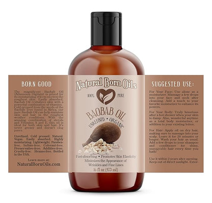 Natural Born Oils Baobab Oil, 16oz, Organic, Cold-Pressed, Nutrient-Dense, Deep Moisturizing for Skin, Hair Revitalizer