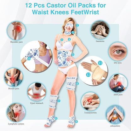 12 Pcs Castor Oil Pack Wrap, Reusable Castor Oil Pack Kit Organic Cotton for Shoulder Hands Neck Waist Chest Knees and Feet, Adjustable Compress Pads for Entire Body, Machine Washable Anti Oil Leak