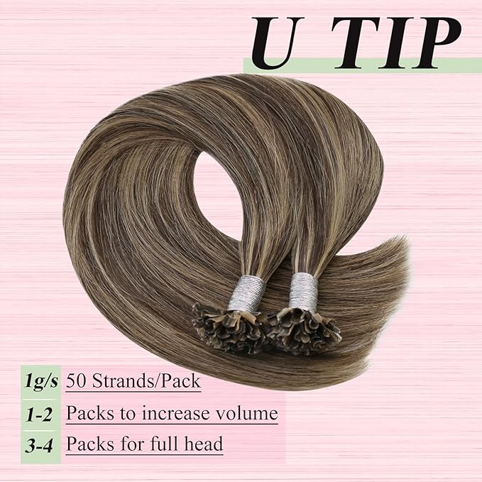 YoungSee U Tip Hair Extensions Human Hair Brown with Blonde Highlight U Tips Hair Extensions Real Human Hair Brown Ktip Human Hair Extensions Highlight Hair Extensions U Tip for Women 14In 1G/S 50G