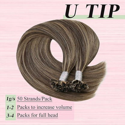 YoungSee U Tip Hair Extensions Human Hair Brown with Blonde Highlight U Tips Hair Extensions Real Human Hair Brown Ktip Human Hair Extensions Highlight Hair Extensions U Tip for Women 14In 1G/S 50G