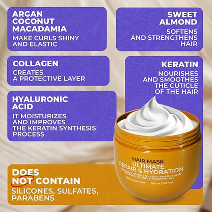 VAO Deep Conditioning Hair Mask for Damaged Hair – Intensive Hydrating Hair Treatment with Argan Oil, Shea Butter, Keratin, Hyaluronic Acid – Deep Conditioner for All Hair Types – 11.8 Fl Oz