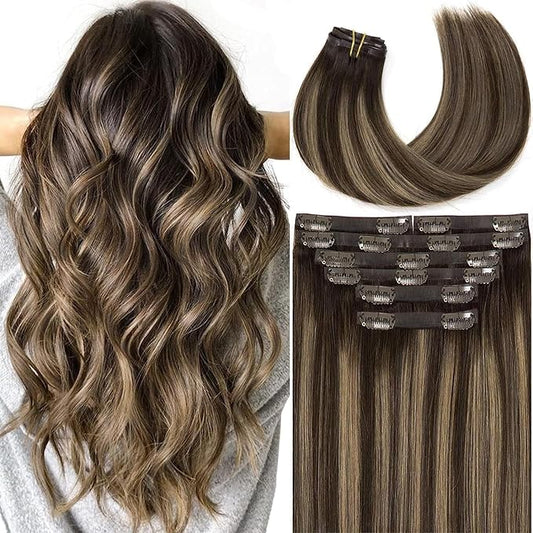Seamless Clip in Hair Extensions Real Human Hair 7Pcs 18 Clips Chestnut Brown Mixed Dark Brown with Dark Brown Roots PU Weft Extensions Clip in Human Hair Natural Human Hair For Women 130g 18inch