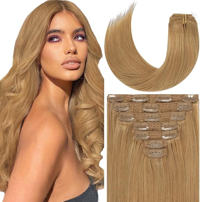 Loxxy Blonde Hair Extensions Clip in Extensions Remy Human Hair Strawberry Blonde Double Weft Real Human Hair Thick Silky Straight #27 Clip in Extensions Full Head 16 Inch 120g