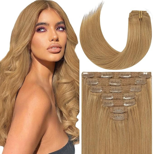 Loxxy Hair Extensions Clip in Real Human Hair Double Weft Brazilian Human Hair Invisible Lace Clip in Hair Extensions Professional Quality Thick Remy Hair Strawberry Blonde #27 18 Inch