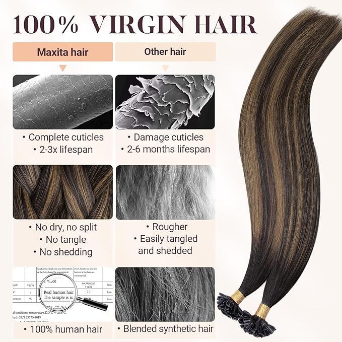 MAXITA U Tip Hair Extensions Human Hair, Balayage Dark Brown Mixed Chestnut Brown Virgin Human Hair Extensions Real Human Hair, 50g/50 Strands/Pack, 23 In