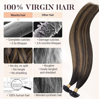 MAXITA U Tip Hair Extensions Human Hair, Balayage Dark Brown Mixed Chestnut Brown Virgin Human Hair Extensions Real Human Hair, 50g/50 Strands/Pack, 23 In