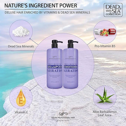 Dead Sea Collection Shampoo and Conditioner Set for Strengthening and Volume - Pure Dead Sea Minerals and Keratin – Hair Care - Nutrition, Repair and Shine - Pack of 2 (33.8 & 30.6 Fl. Oz)