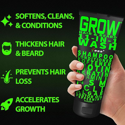 Beard Growth Kit w/ 2X Thickening Biotin Beard Balm for Men & Mustache Wax + GROW Maximum Strength Biotin 11-in-1 Hair Growth Shampoo and Conditioner for Men - Formulated in the USA